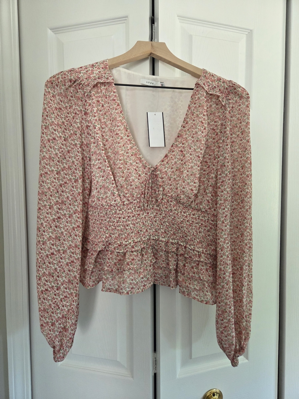 Lush Pink Floral Smocked V-Neck Peplum Blouse